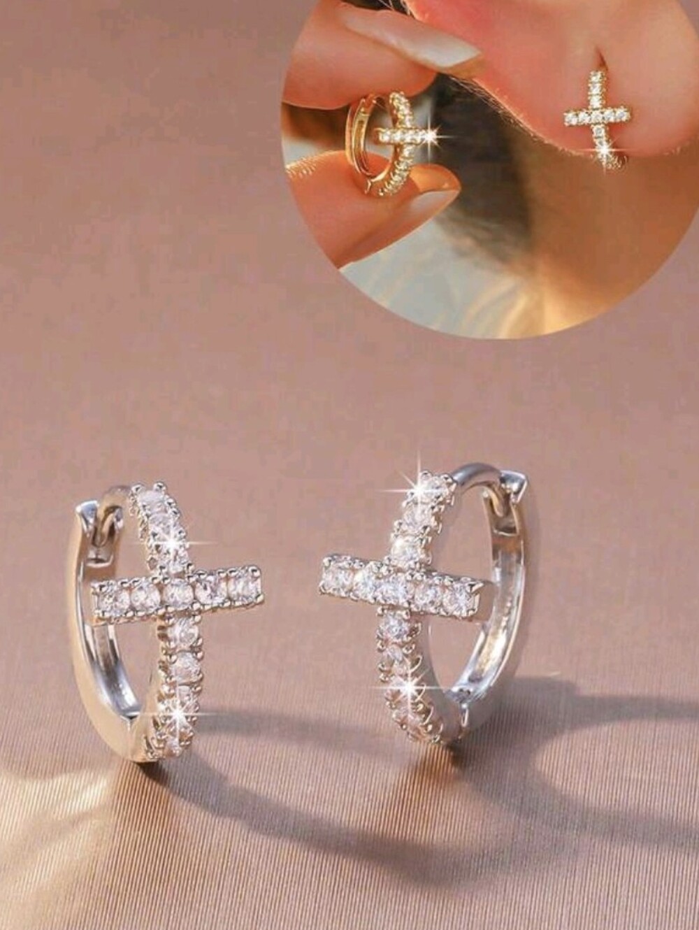 Silver Crystal Cross Hoop Earrings - Silver
